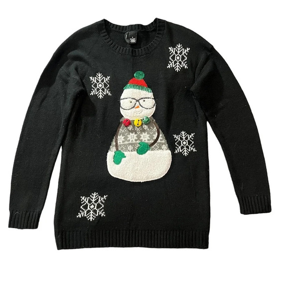 New Directions Women's Medium Black Sequined Snowman Holiday Christmas Sweater - Picture 1 of 3